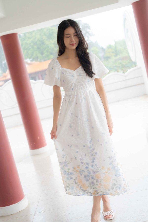 Madeleine Ruched Embroidery Dress In White