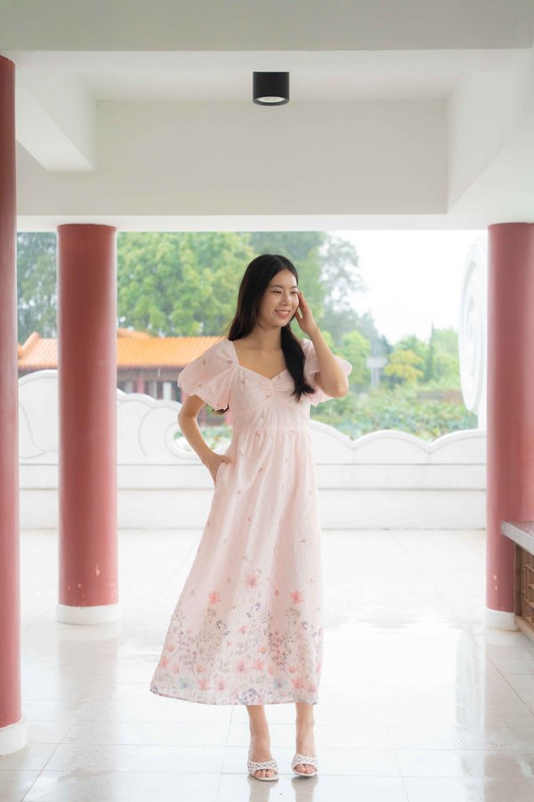 Madeleine Ruched Embroidery Dress In Pink