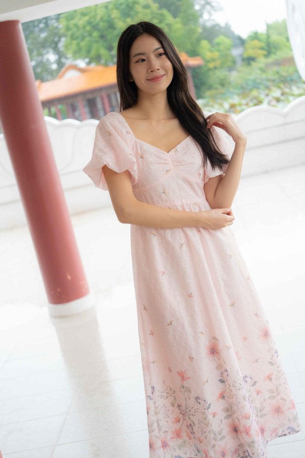 Madeleine Ruched Embroidery Dress In Pink