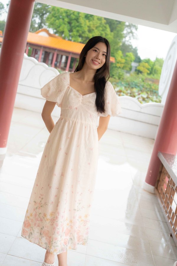 Madeleine Ruched Embroidery Dress In Cream