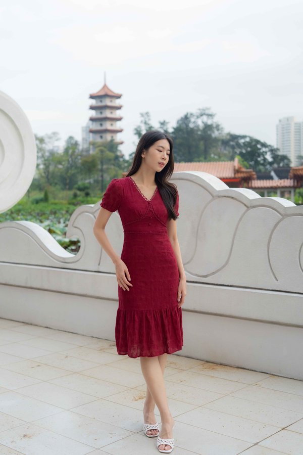 Elise Sleeves V Neck Dress In Wine Red