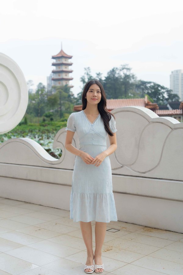 Elise Sleeves V Neck Dress In Blue