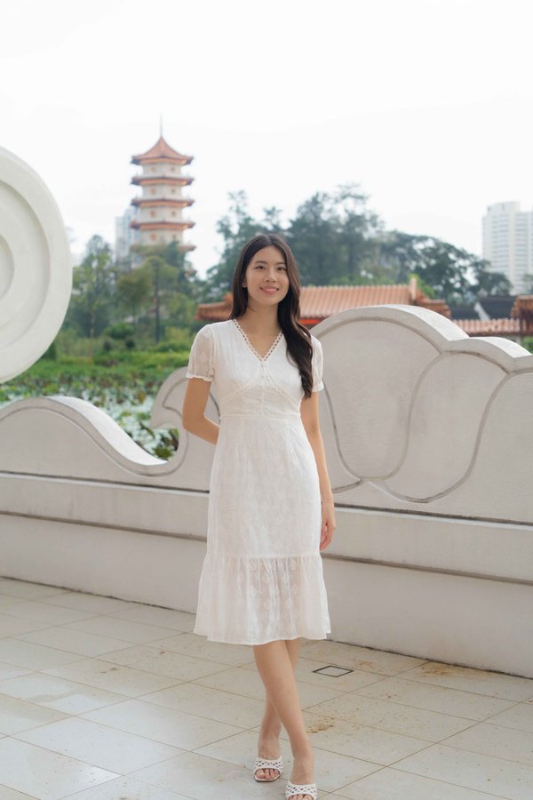 Elise Sleeves V Neck Dress In White