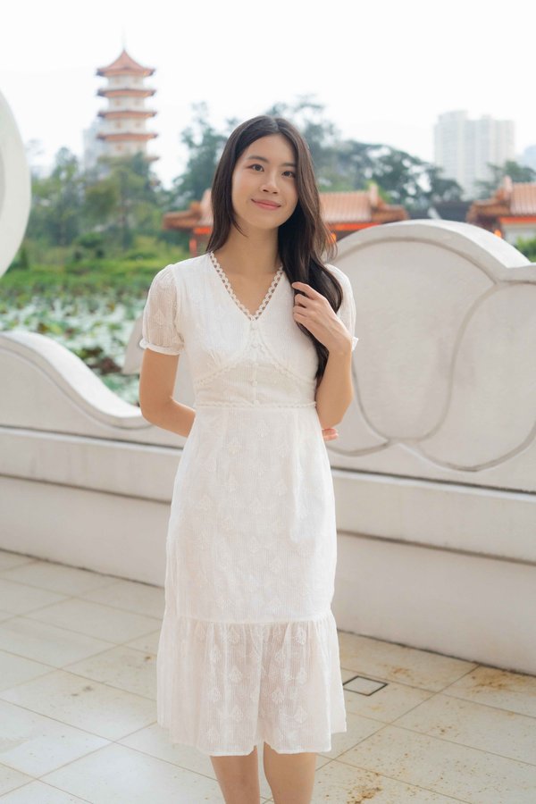 Elise Sleeves V Neck Dress In White