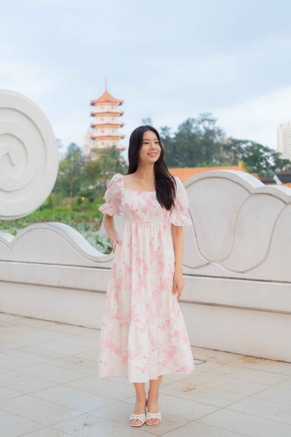 Camille Prints Smocked Dress In Pink