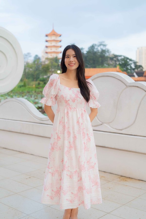 Camille Prints Smocked Dress In Pink