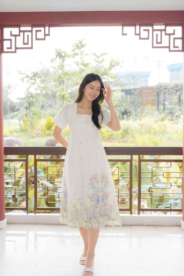 Marielle Garden Flutter Sleeves Dress In Cream