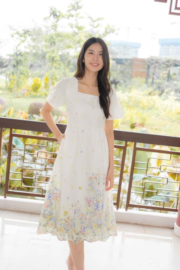 Marielle Garden Flutter Sleeves Dress In Cream