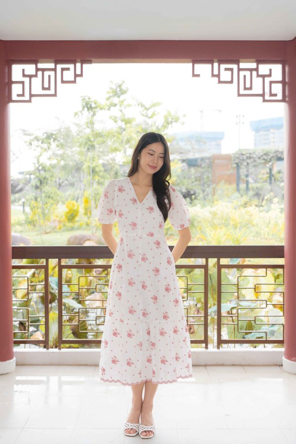 Elodie Embroidery Buttons Dress In Pink