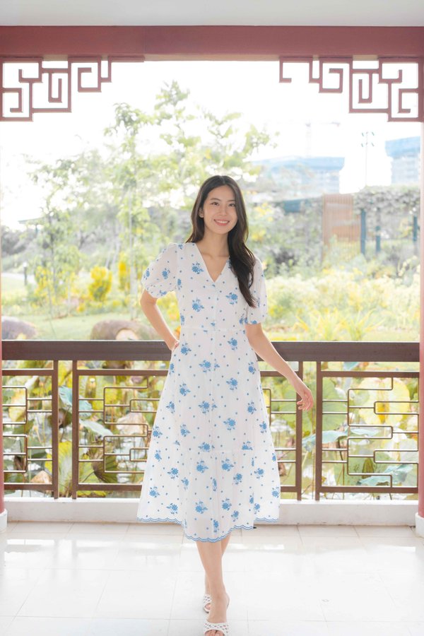 Elodie Embroidery Buttons Dress In Blue