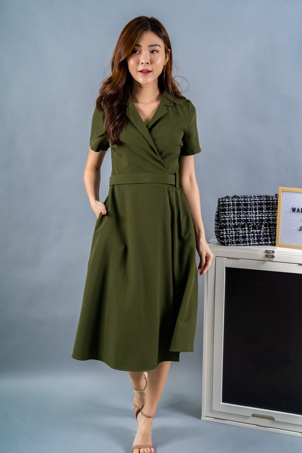 Verity Buckle Wrap Dress In Olive