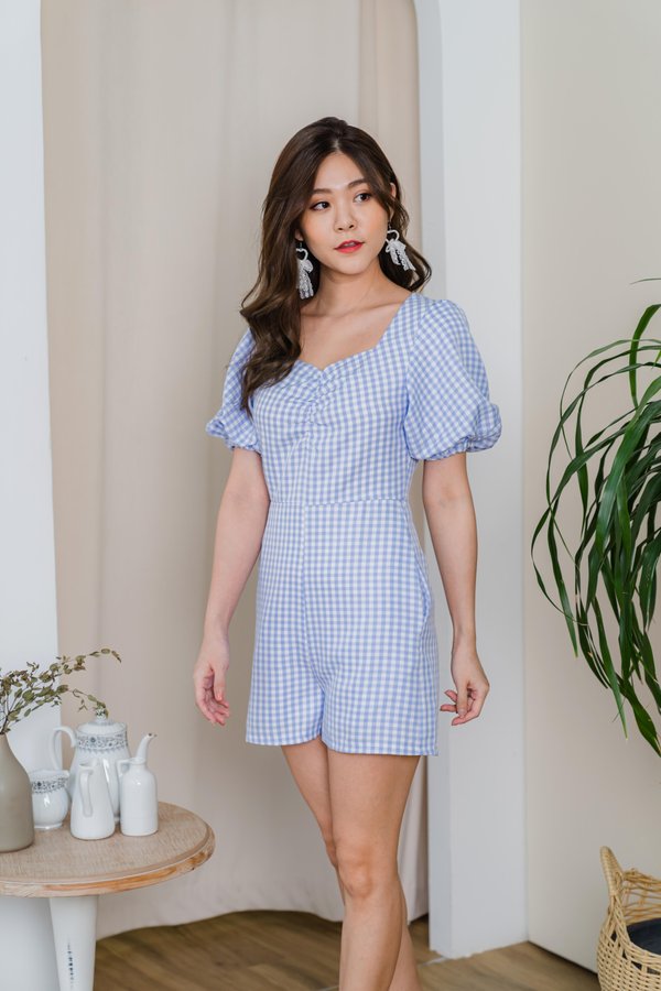 Isabella Puffy Sleeve Gingham Romper In Blue