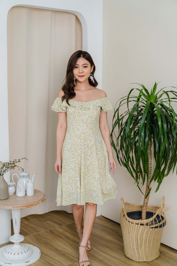 Maisie Off Shoulder Pearl Floral Dress In Yellow