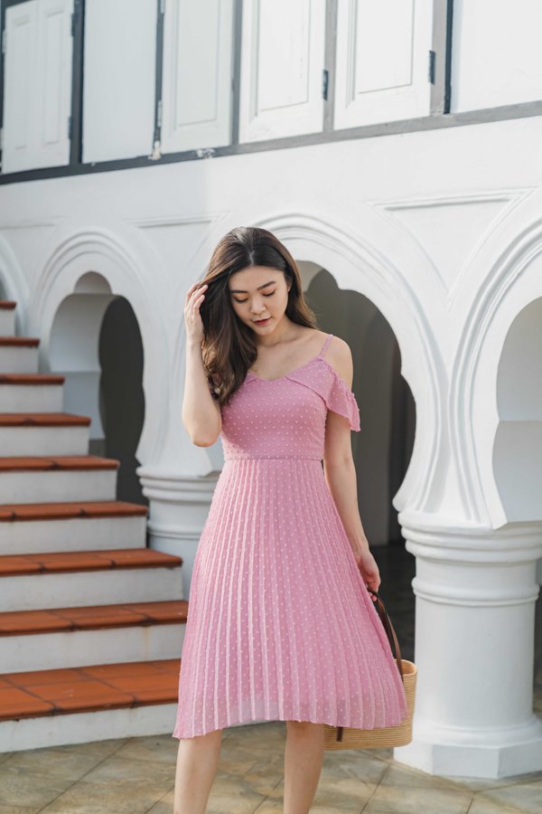 Love Swiss Dots Pleated Dress In Pink 