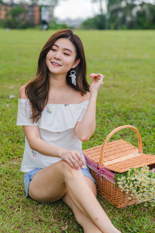 Flowers Embroidery Off Shoulder Top In White