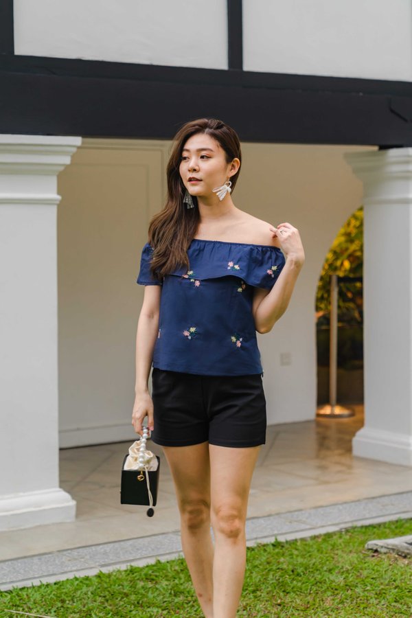 Flowers Embroidery Off Shoulder Top In Navy
