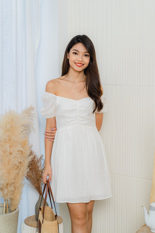 Eleanor Ruched Flared Dress In White