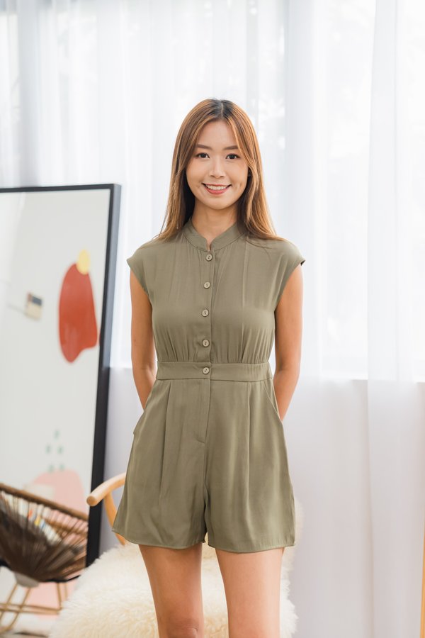 Trista Buttons Romper In Army Green