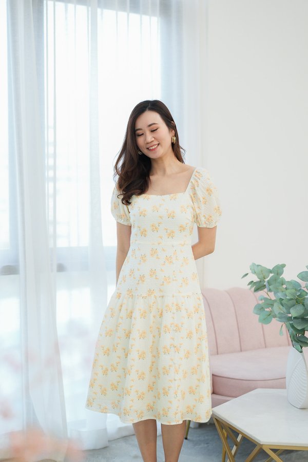Garden of Romance Floral Midi Dress In Sunshine Yellow