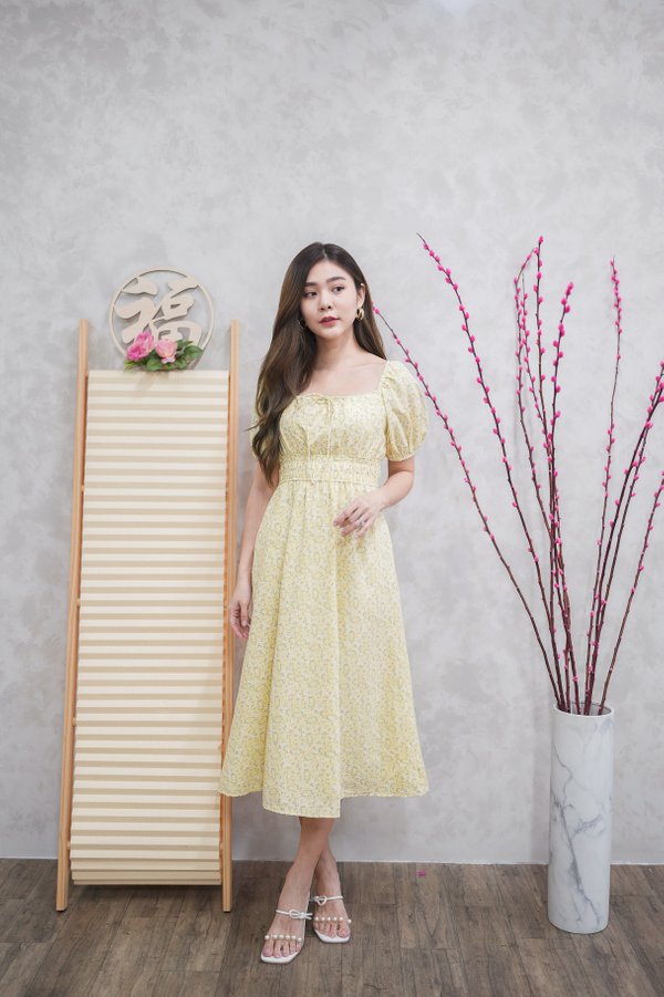 Aurelia Floral Waist Dress In Sunshine Yellow