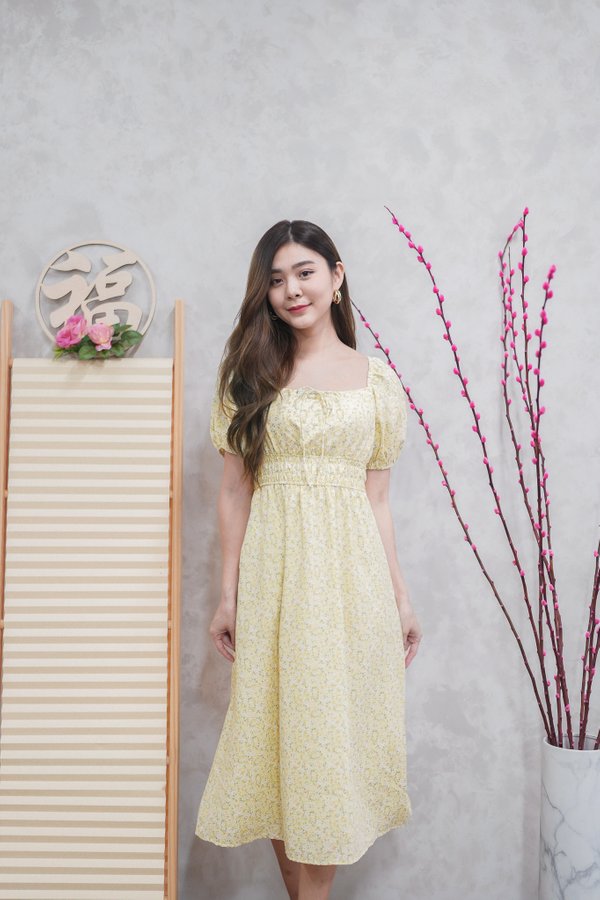Aurelia Floral Waist Dress In Sunshine Yellow