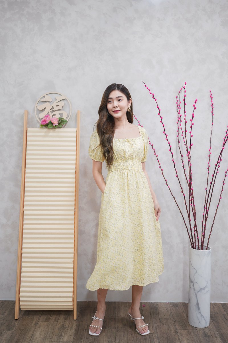 Aurelia Floral Waist Dress In Sunshine Yellow | Wardrobe of Joy